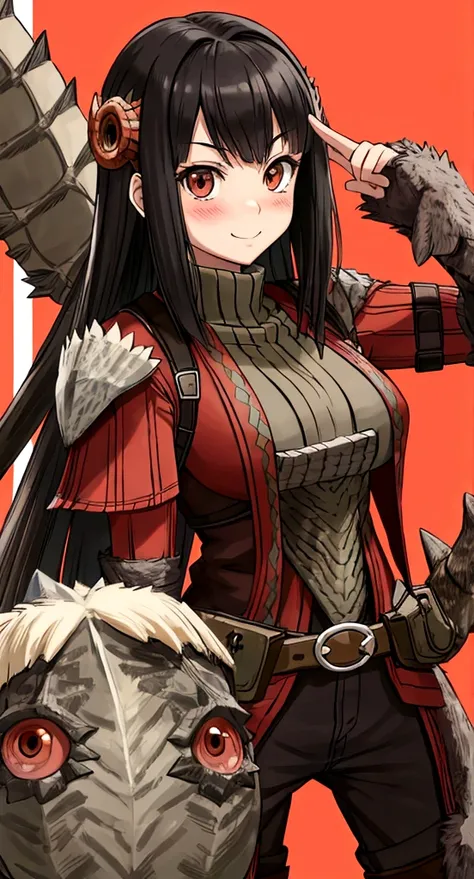 ((monsterhunter)), looking the viewer, solo, girl, shy, red cheek, bashful, embarrassed, smiling, perfect face, muscular,  long hair, beautiful eye, upper body
