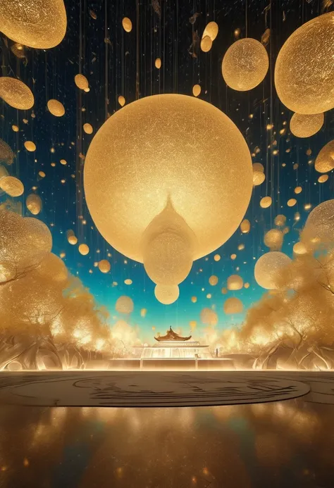 Fifty pictures from the ground to the sky，Surrounded by stars，Ancient mysterious atmosphere。3d rendering，The artistic colors of Dunhuang，Radiate Zen，。Golden text，Small figures in flowing clothes，Circular layout，Mysterious atmosphere，Gorgeous，Bioluminescenc...