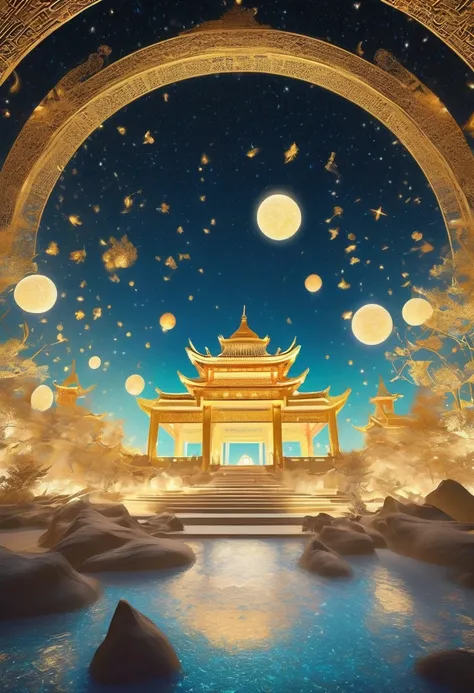 fifty pictures from the ground to the sky，surrounded by stars，ancient mysterious atmosphere。3d rendering，the artistic colors of ...