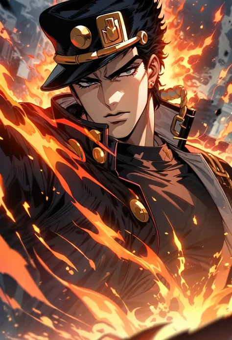 Symetrical,absurdres, highres, ultra detailed, HDR, masterpiece, extremely detailed face and eyes, Jotaro, jojo bizarre,,, black hat, solo, man, handsome, ,, , Epic fight scene,fire red lightning effect, glowing glitters, , flames effect, flaming aura effe...