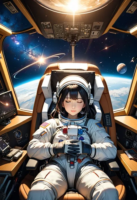 (Highest quality、High resolution、masterpiece)、(sf)、Two Women、(A female astronaut in a spacesuit and an angel girl with her wings folded sleeping in the seat next to her:1.4)、cockpit、Canopy、Two-seater Patrol Rocket、Sexy and cute、Beautiful Face、Black Hair、 B...