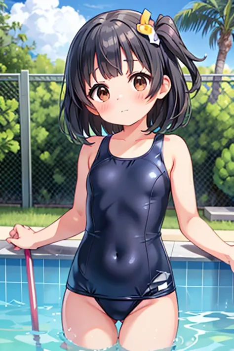 iku nakatani,1girl, solo,old school swimsuit, closed mouth,nervous, black hair, navel, ass visible through thighs,flat chest,, water, brown eyes, one side up, hair ornament, looking at viewer, blush, outdoors,pool,from below