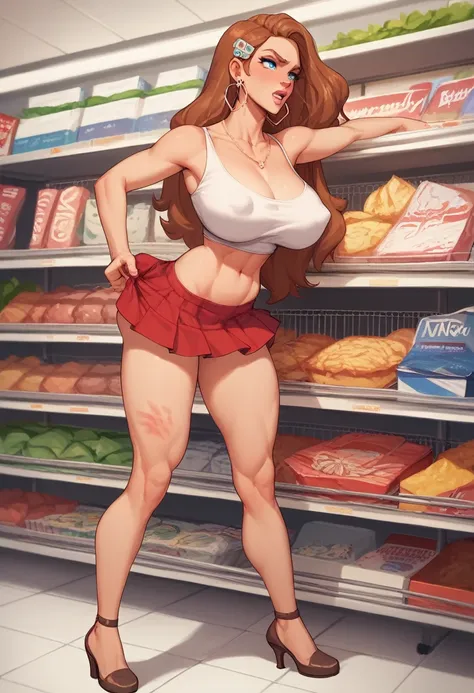 A most Beauty mother-in-law　tiny height, ,　shopping　Supermarket　brown Hair　long hair　girly hairpin　White knitted crop top　((Mother and kiddaughter have the most beautiful breasts)),　micromini skirt　squat, broken home, gangs, (masterpiece), best quality, ex...