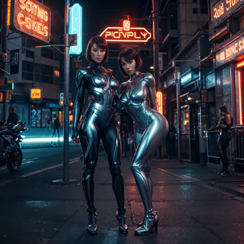 Cyborg woman without headdress, with short metallic hair.
full height, athletic and seductive figure.
Detailed face with high cheekbones and glowing eyes.
Flexible metal suit, resembling a second layer of skin.
Background: futuristic market or street with ...