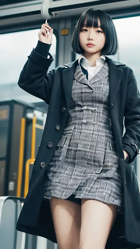 A photo of a high school girl wearing a uniform cardigan and long coat, holding onto a strap and swaying on a train