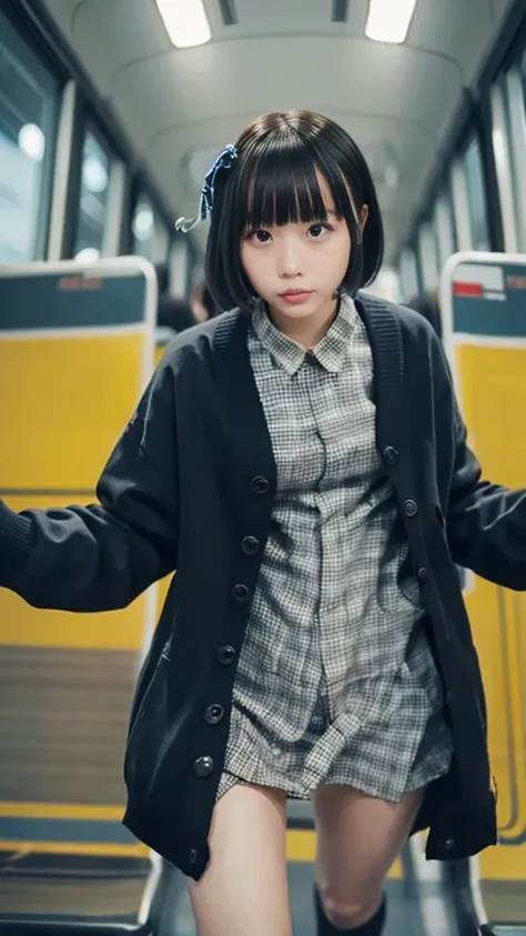 A photo of a high school girl wearing a uniform cardigan and long coat, holding onto a strap and swaying on a train