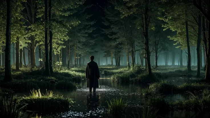 HARRY POTTER IN A SWAMP FOREST AT NIGHT
