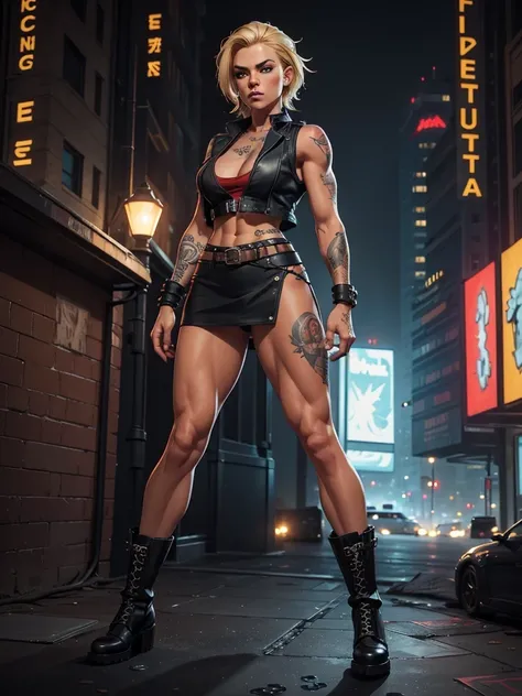 full body shot, super muscular physique and .,wearing an open black leather vest..,short skirt and heavy boots, She has a punk rock look and blonde hair. . Her tattoos all over her body highlight her seasoned character...., Hyper-realistic close-up photo o...