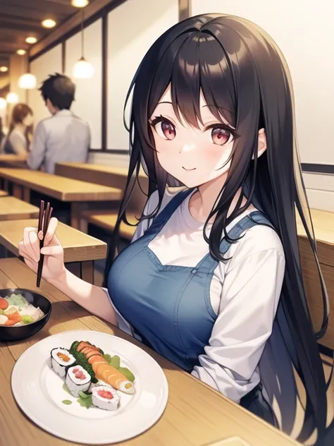 Smiling young woman holding a plate of sushi in a sushi restaurant。She has long black hair、Wearing light blue casual clothing.、Grab your chopsticks and enjoy your sushi。On her plate、Colorful sushi rolls and nigiri sushi are beautifully lined up。Other custo...