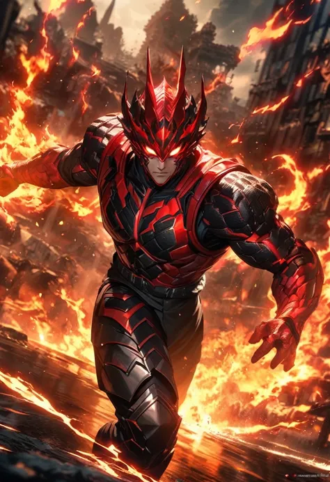 Symetrical,absurdres, highres, ultra detailed, HDR, masterpiece, extremely detailed face and eyes, Cool Fighter, tekken,,, cool fighter armor, solo, man, handsome, ,, , Epic fight scene,fire red lightning effect, glowing glitters, , flames effect, flaming ...