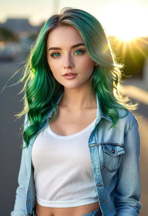 A photorealistic portrait of a young 20-year-old American girl striking emerald green hair cascading down her shoulders, complementing supermodel face and appealing grey eyes. She is elegantly dressed in a white top and blue jeans, exuding a modern and fas...