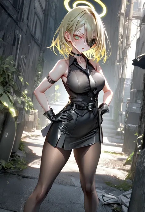 pottsness, 1girl, solo, breasts, eyepatch, gloves, necktie, pantyhose, shirt, skirt, sleeveless, black_gloves, weapon, large_breasts, sleeveless_shirt, looking_at_viewer, holding, blonde_hair, bare_shoulders, green_eyes, bangs, choker, arm_strap, black_ski...