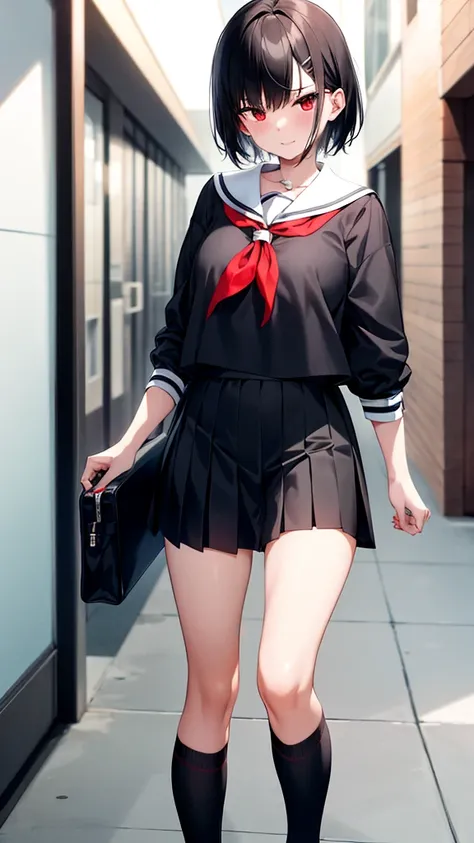 1 girl, short black hair, red eyes, wearing , school hallway, absurdres, high res, ultrasharp, 8K, masterpiece, walk, bullying people, with proud face, angry face, hand pointing people, BREAK black skirt, kiyosumi , pleated skirt, serafuku, skirt