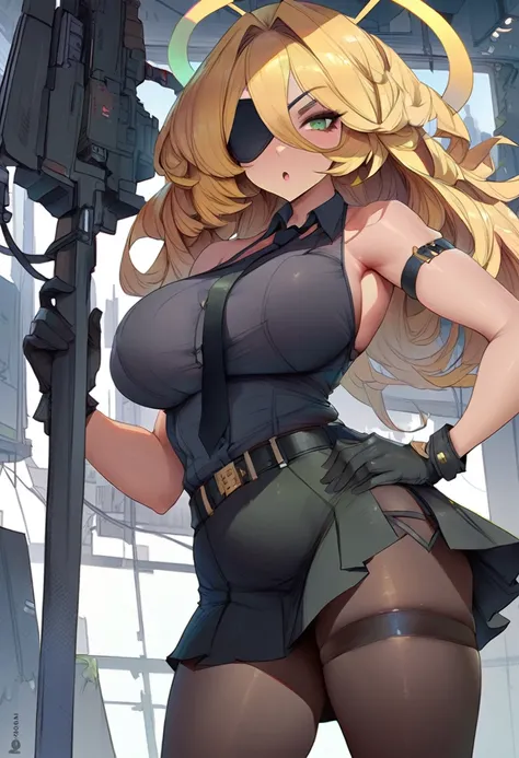 Araneesama, 1girl, solo, breasts, eyepatch, gloves, necktie, pantyhose, shirt, skirt, sleeveless, black_gloves, weapon, large_breasts, sleeveless_shirt, looking_at_viewer, holding, blonde_hair, bare_shoulders, green_eyes, bangs, choker, arm_strap, black_sk...