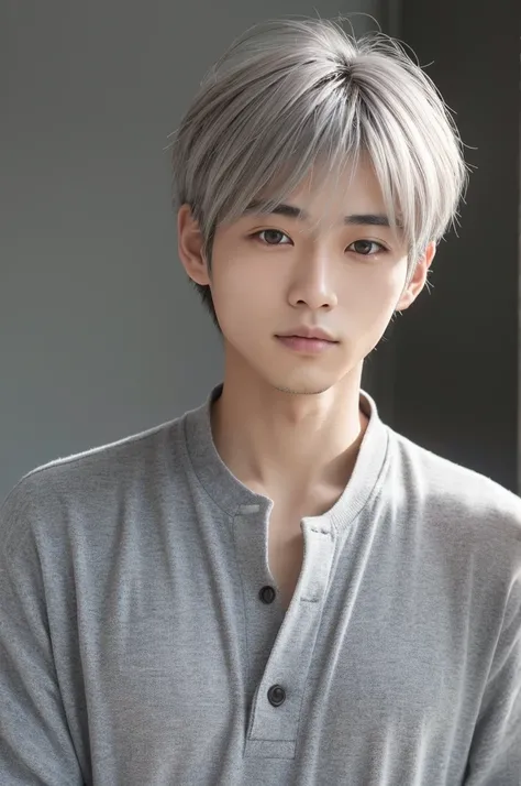 20th Generation　Japanese men　Japanese light hair　Short Hair　Light ash gray hair color simple background　good looking