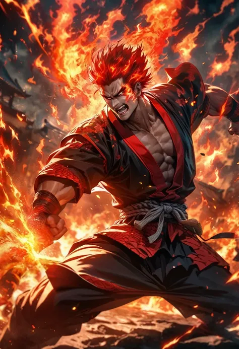 Symetrical,absurdres, highres, ultra detailed, HDR, masterpiece, extremely detailed face and eyes, Cool samurai, tekken,,, holding samurai, solo, man, handsome, ,, , Epic fight scene,fire red lightning effect, glowing glitters, , flames effect, flaming aur...