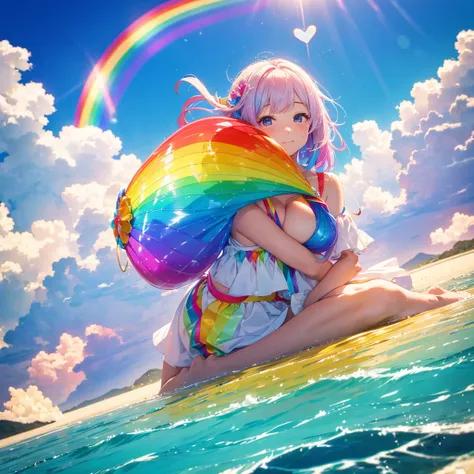 Floating in the air above the sea, a colossal heart radiates rainbow colors that sparkle and shimmer in the sun.