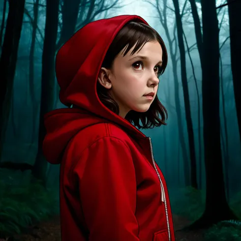 SIDE VIEW,  milli3 woman, Millie Bobby Brown, mbb, wearing a red jacket and a hood in a dark forrest, horror style, stranger things, netflix, (( millie bobby brown )) , eleven