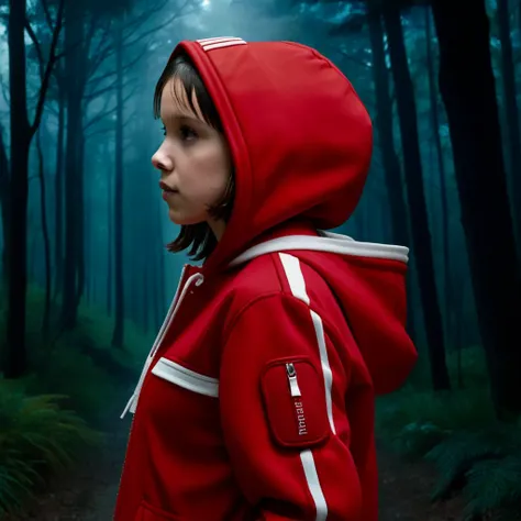 SIDE VIEW,  milli3 woman, Millie Bobby Brown, mbb, wearing a red jacket and a hood in a dark forrest, horror style, stranger things, netflix, (( millie bobby brown )) , eleven