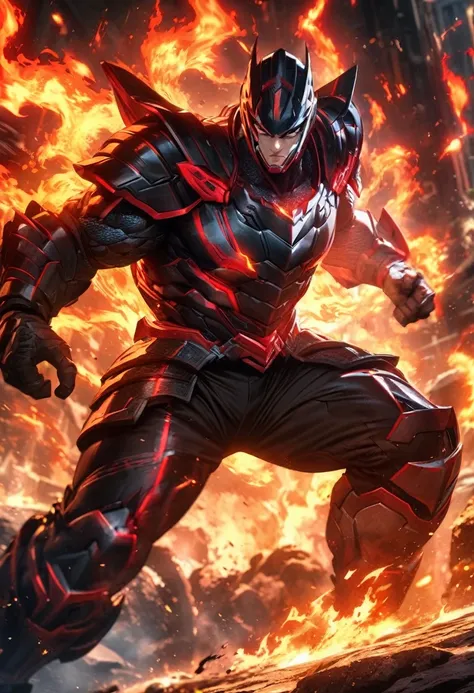 Symetrical,absurdres, highres, ultra detailed, HDR, masterpiece, extremely detailed face and eyes, Cool Fighter, tekken,,, cool fighter armor, solo, man, handsome, ,, , Epic fight scene,fire red lightning effect, glowing glitters, , flames effect, flaming ...