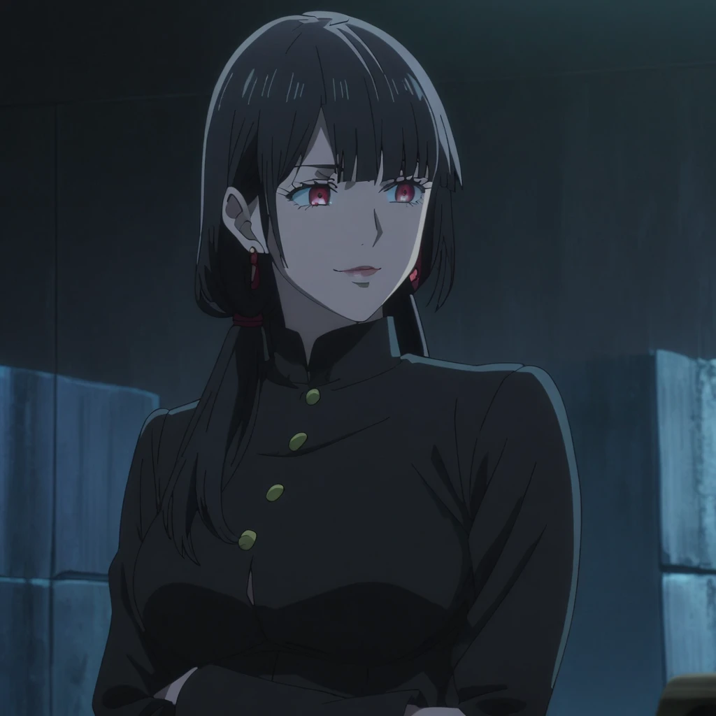 1girl, female gojo satoru, anime screencap from jujutsu kaisen, gojo satoru female version, solo, long_hair, Red eyes ((Black_hair)), night view, (hanging breasts) upper_body, smile, indoors, book, red_eyes, lips, (low ponytail) ((wearing black colour clot...