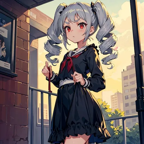 Young girl with grey hair, ((fringed and curly hair)),((curly short twintail)), curly hair ,(red eyes),, ((small bushy eyebrows)), wearing gothic lolita clothing, lolicon , walking to school, bored look, bored face, , lifting her skirt to show her vagina w...