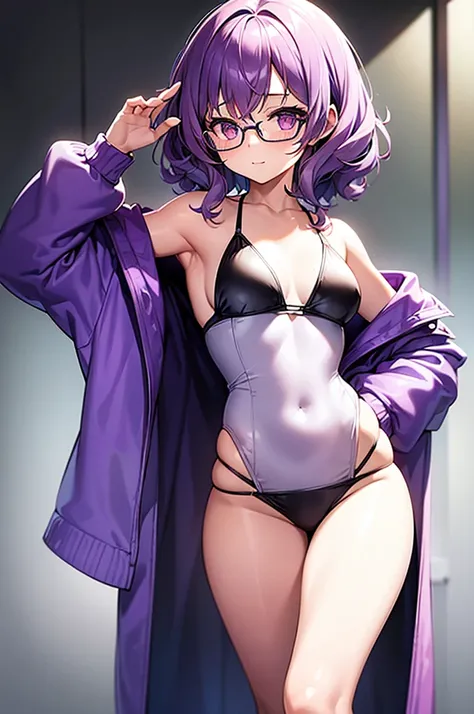 one girl, short curly light purple hair with dark purple strand, glasses, summer colorful detaled swim two part outfit, simple detaled, lovable, no background, dynamic pose, stylish light purple short jacket with black stripe