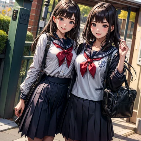 ,super detailed,　sailor suit　school　in front of the school gate　high school student　going to school　smile