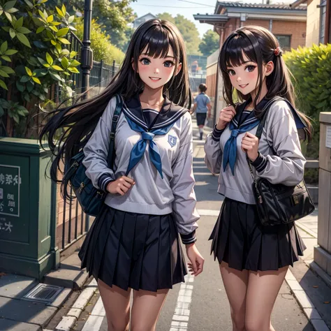 ,super detailed,　sailor suit　school　in front of the school gate　high school student　going to school　smile