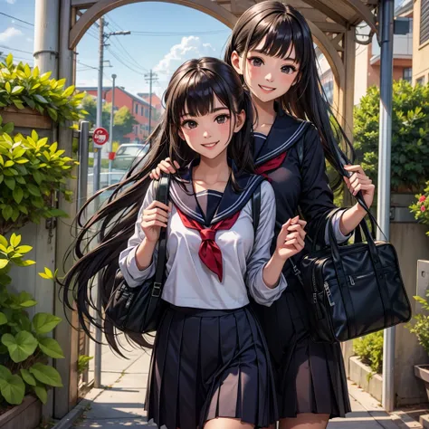 ,super detailed,　sailor suit　school　in front of the school gate　high school student　going to school　smile