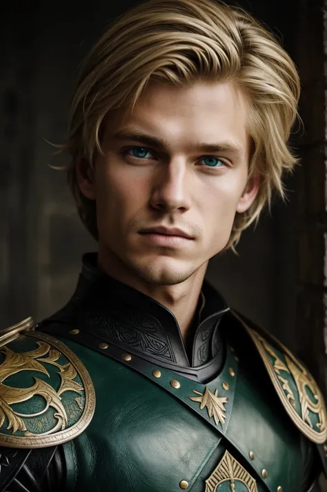 Portrait of blond boy and green eyes. Who has armor embroidered with black leather.