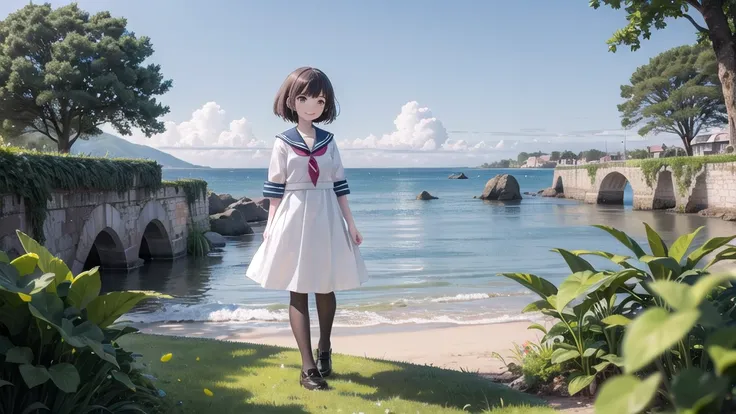 wallpaper, Clear Face, (masterpiece),  town,  blue sky,  One Girl, Put people on the right,  smile,  alone,  Sailor suit、Long skirt,  Overgrown,  petal,  plant、Skirt lining、White slip、nostalgic、pantyhose（gray）、You can see the sea in the distance, Crotch cl...