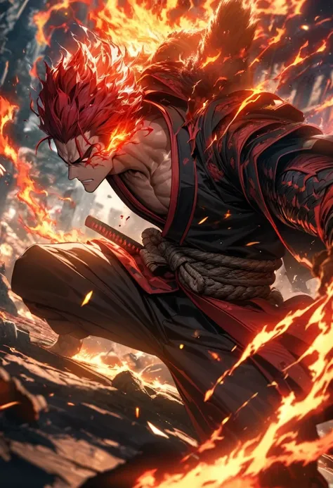 Symetrical,absurdres, highres, ultra detailed, HDR, masterpiece, extremely detailed face and eyes, Cool samurai, tekken,,, holding samurai, solo, man, handsome, ,, , Epic fight scene,fire red lightning effect, glowing glitters, , flames effect, flaming aur...