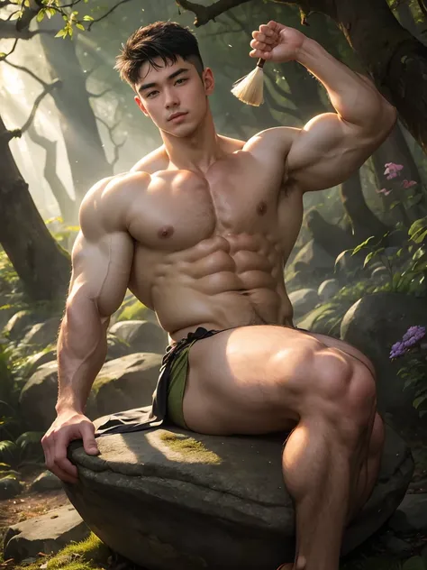 (Ultra current),Detailed current,A handsome Asian muscular young man, Guardians of the Forest, godly presence, young god, 18yr old, care for plants, The beautiful, Smooth dark brown hair, Detailed eyes, largeeyes, green-eyed, Warm and flexible ssmile, larg...