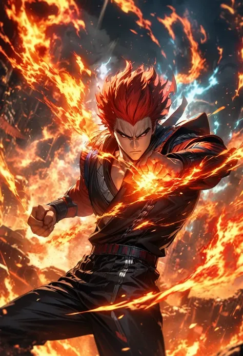 Symetrical,absurdres, highres, ultra detailed, HDR, masterpiece, extremely detailed face and eyes, Cool Fighter, tekken,,, cool fighter outfit, solo, man, handsome, ,, , Epic fight scene,fire red lightning effect, glowing glitters, , flames effect, flaming...