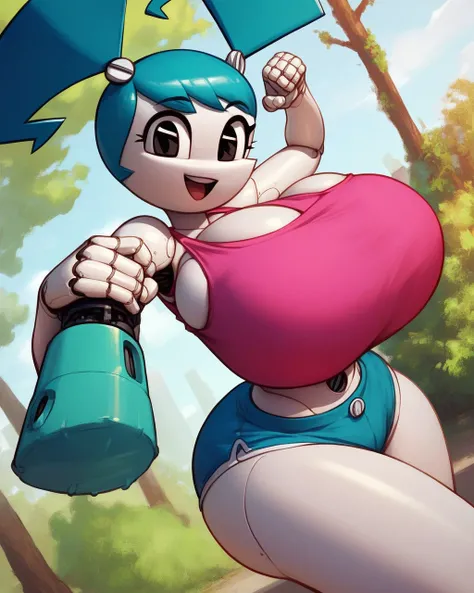 score_9, score_8_up, score_7_up, solo, 1girl, jenny wakeman from my life as a teenage robot, cute, blue hair, exposed midriff, mechanical joints, happy, outdoors, park, dynamic pose, cowboy shot, dynamic angle, looking at viewer, black eyes, by fizintine, ...