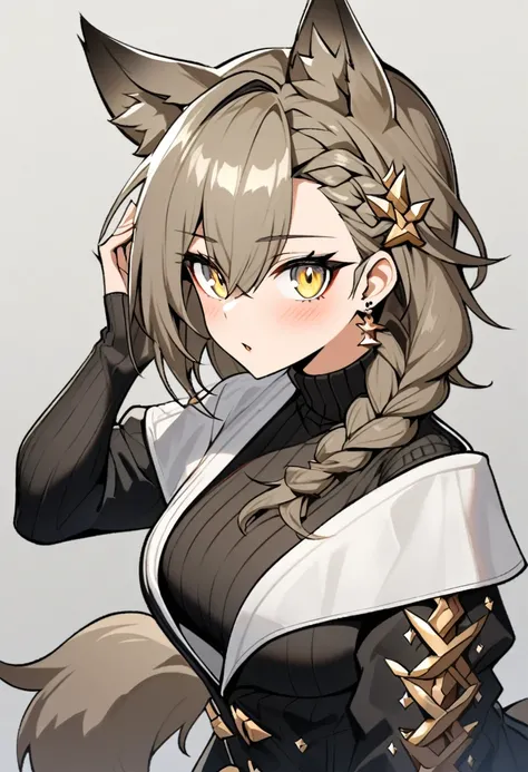 Zumi style, 1girl, breasts, solo, penance (arknights), animal_ears, blush, large_breasts, sweater, braid, long_hair, upper_body, looking_at_viewer, brown_hair, black_sweater, jewelry, wolf_ears, extra_ears, long_sleeves, bangs, earrings, mole, tail, turtle...