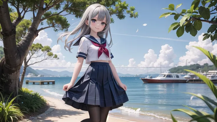 wallpaper, Clear Face, (masterpiece),  town,  blue sky,  One Girl, Put people on the right,  smile,  alone,  Sailor suit、Long skirt,  Overgrown,  petal,  plant、Skirt lining、White slip、nostalgic、pantyhose（gray）、You can see the sea in the distance, Crotch cl...