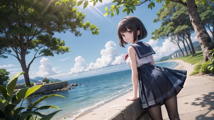 wallpaper, Clear Face, (masterpiece),  town,  blue sky,  One Girl, Put people on the right,  smile,  alone,  Sailor suit、Long skirt,  Overgrown,  petal,  plant、Skirt lining、White slip、nostalgic、pantyhose（gray）、You can see the sea in the distance, Crotch cl...