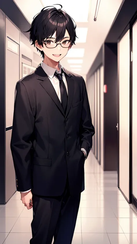 1 boy, black hair, black eyes, wearing glasses, school hallway, absurdres, high res, ultrasharp, 8K, masterpiece, smile, friendly face, boy  