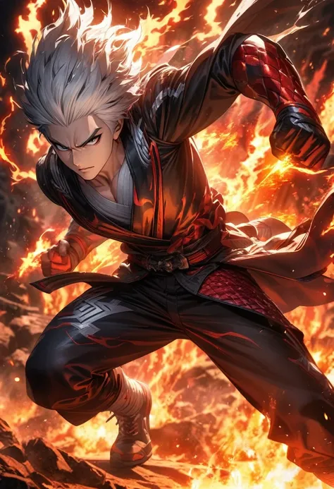 Symetrical,absurdres, highres, ultra detailed, HDR, masterpiece, extremely detailed face and eyes, Cool Fighter, tekken,,, cool fighter outfit, solo, man, handsome, white hair,, , Epic fight scene,fire red lightning effect, glowing glitters, , flames effec...