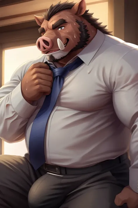 Author: bontiage, (1 boy), One, boar, tusks, beard, pig nose, overweight male big bulge crotch, boner, pants, (sweat:1.6), long sleeve plain shirt, necktie, Mens Second, kemono, hot body, muscle, Beautiful, sexual, Attractive guy, (Detailed black eyes), br...