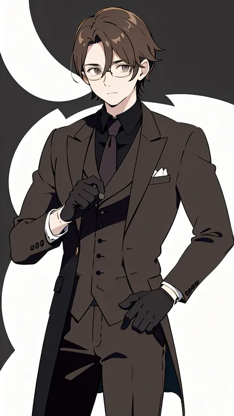 brown haired man Wear glasses, gloves, and a black suit.