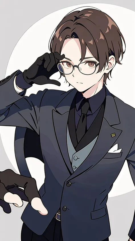 brown haired man Wear glasses, gloves, and a black suit.