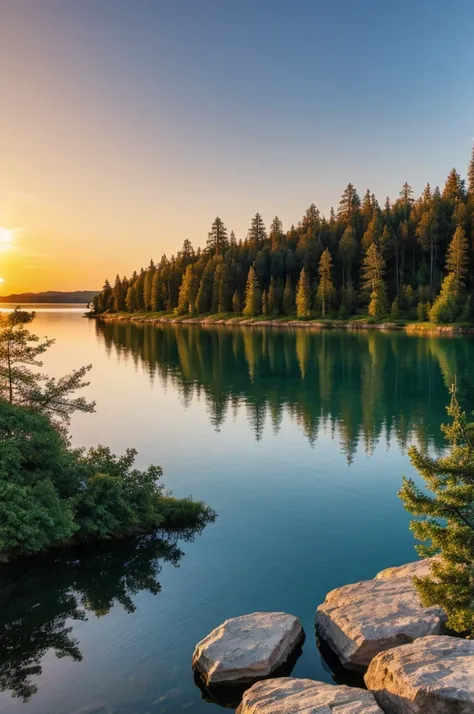 Painted landscape, lake in the middle, rocks and trees on the shore, you can see the sunset