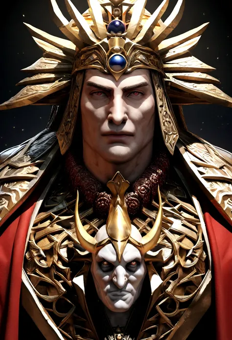 Arafed man with a crown and a red robe and a red scarf, coroa em ouro, olhos vermelhos , olhos de brasa hyperdetailed fantasy character, portrait of emperor of mankind, beautiful male god of death, 3 d render character art 8 k, fantasy male portrait, the g...