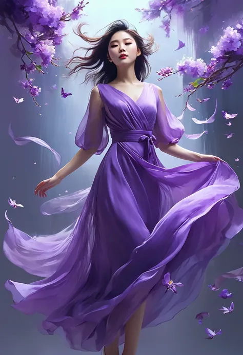 Purple flowers floating in the air，woman in purple dress, inspired by Yanjun Cheng, Artwork in the style of Guweiz, Beautiful digital illustrations, Beautiful digital art work, author：Li Song, author：Yang Jie, author Ni Tian, Beautiful digital illustration...