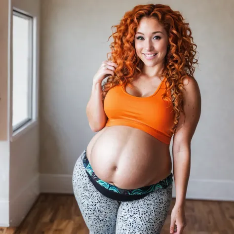 Bright orange curly hair, freckles, big brown eyes, curvy, pregnant, large pregnant belly, thick thighs and round butt, wearing yoga pants and tank top