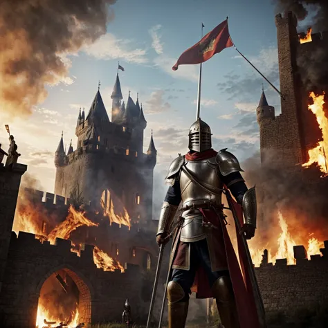 Castle burning down, male knight standing infront of castle, unsheathed sword, banner flying in air