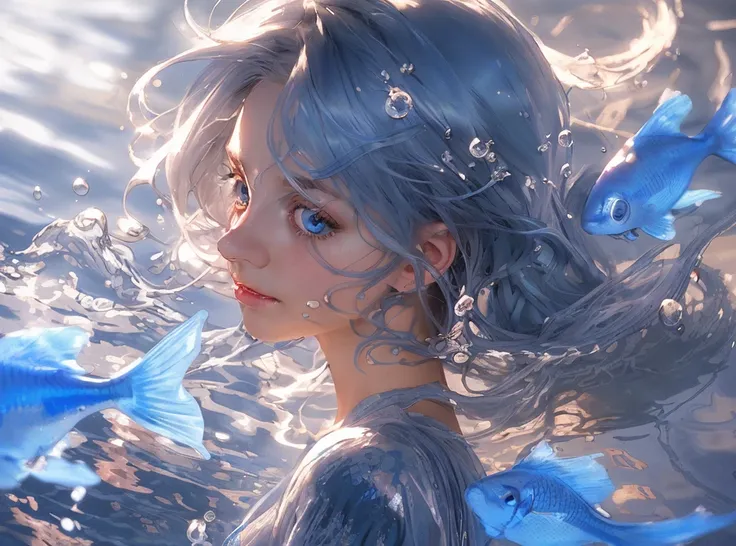 （best qualtiy，tmasterpiece），1 Beautiful and delicate portrait of a girl，mature looking, mid twenties, pale dewy skin, silver-blue hair, blue eyes, gentle face, water genasi, floating fish around her, colorful, doe eyes, selnder face, greek face